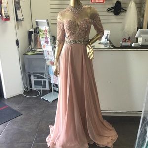 Dusty Rose colored extreme beaded chiffon gown
